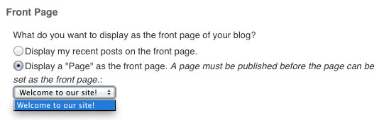 A page must be published in the front of your blog.