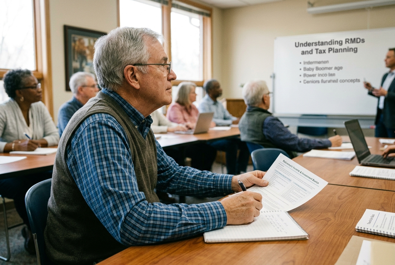 Older adults in a conference room attend a tax planning workshop, with a presenter at a whiteboard that reads 'Understanding RMDs and Tax Planning'.